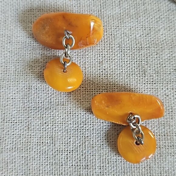 Vintage Genuine Egg Yolk Natural Baltic Amber Antique Mens Cufflinks - Picture 3 of 10